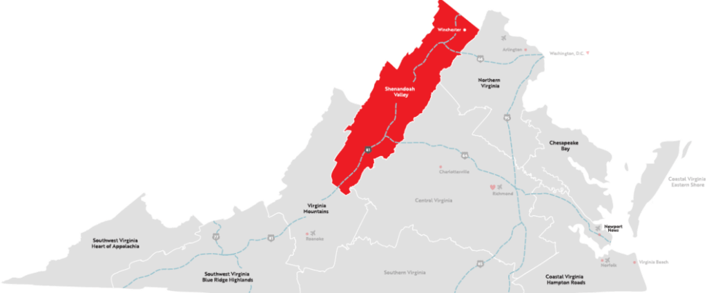 Map of Virginia highlighting the Shenandoah Valley